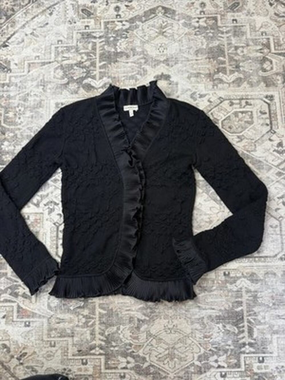 EMPORIO ARMANI Black Textured Ruffle Cardigan Jacket Sz IT 44 US 10 EUC Plisse